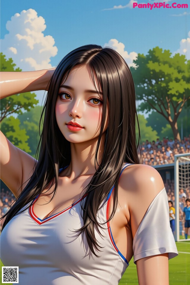 A woman in a white shirt standing on a soccer field.