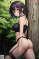 A woman in a black lingerie leaning against a tree.